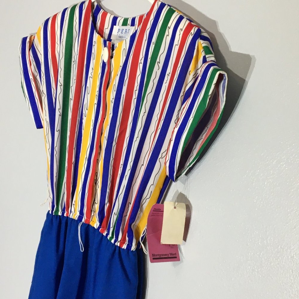 Vintage 80s Clowncore Dress Bright Primary Colors Abstract Rainbow Geometric - Picture 8 of 12